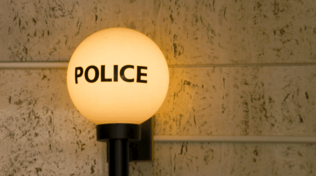 A light fixture inside the Syracuse Police Department glows during daylight hours. SPD says officers have increased patrol efforts in response to last year’s spike in car thefts. © 2025 Maria Wainscott